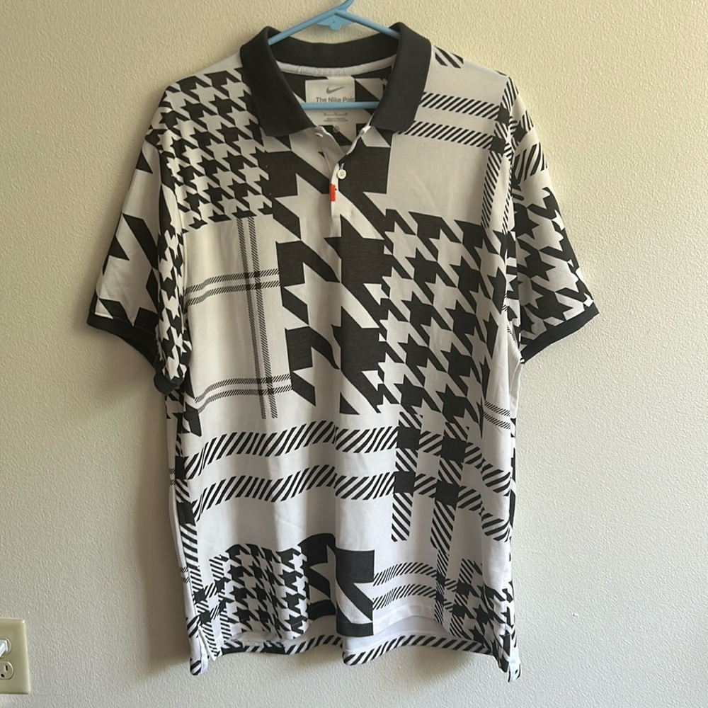 Nike Polo Dri-Fit Men's XL Gray/White Design SS Collar Cotton/Poly Shirt